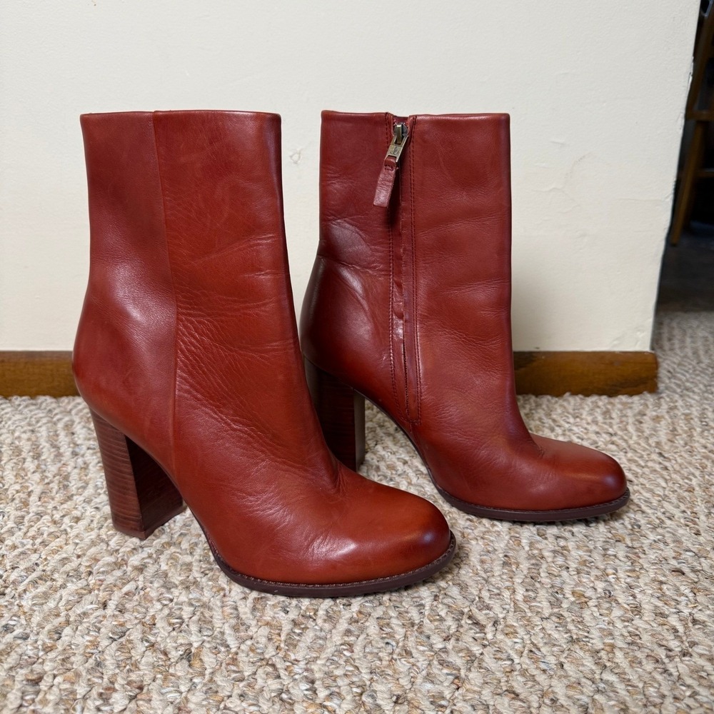 Sam Edelman Reyes Reddish Brown Rust Leather Block Heel Ankle Boots Size 9.5M